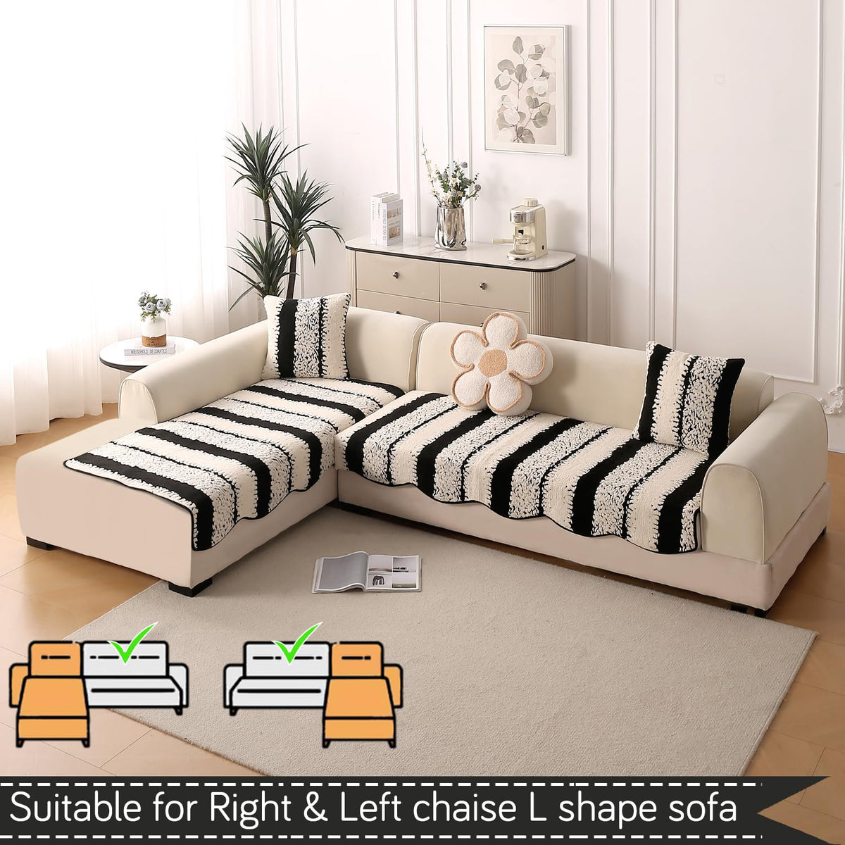 Luxury Wavy Mat with Anti Slip Backing  L Shape Sofa Cover Seat Mat - Black
