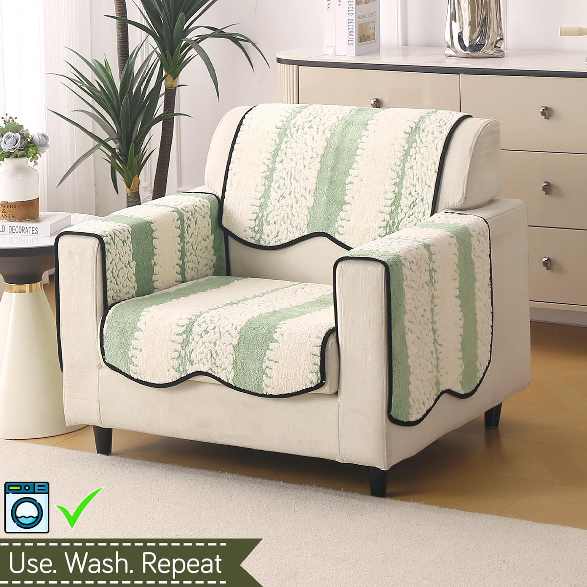 Luxury Sofa Cover Set | Seat, Back & Arm Covers | Anti-Slip Wavy Mat – Pistachio Green