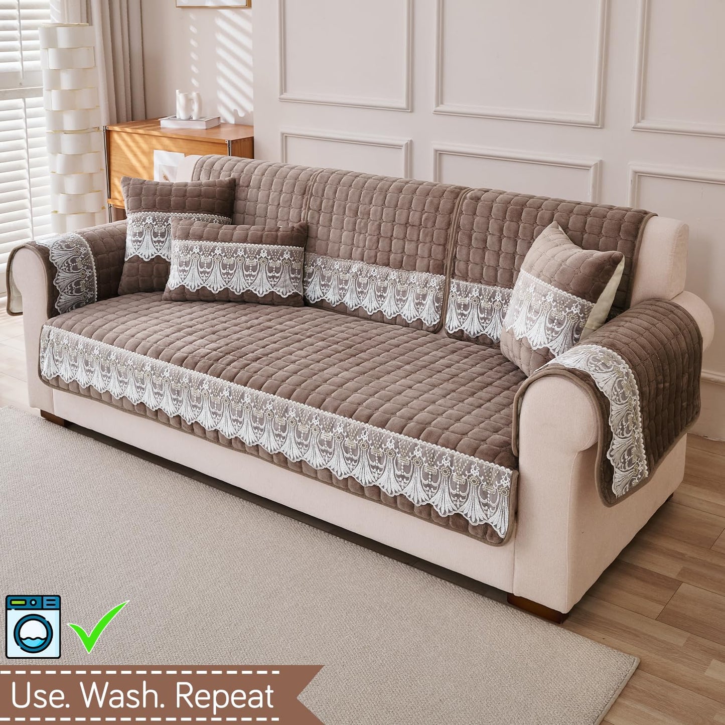 BelleLace Series Imperial Milk Velvet Sofa Cover Mat with Lace Design - Mocha Brown