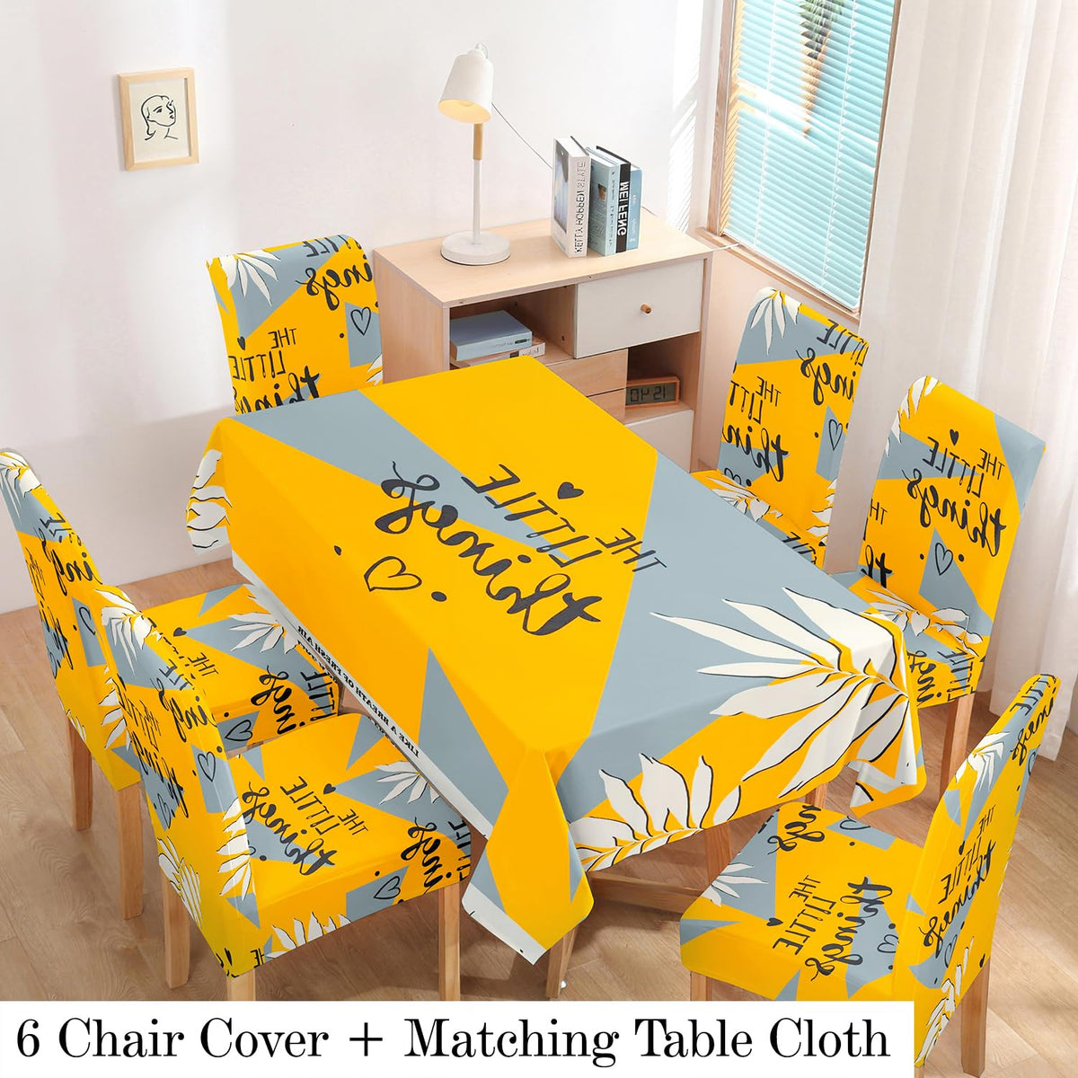 Polyester Dining Chair Covers Set of 4/6 with Matching Tablecloth, Typography Cyber Yellow