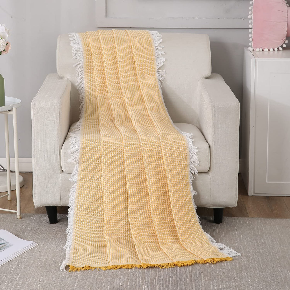 Yellow polycotton sofa throw cover is machine washable, available for 1, 2, 3 seater sofas
