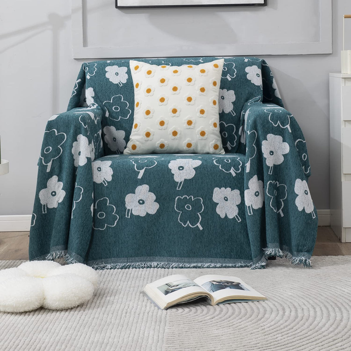 Thick, Soft and Pet Friendly Chenille Sofa Cover Throw, Teal Floral