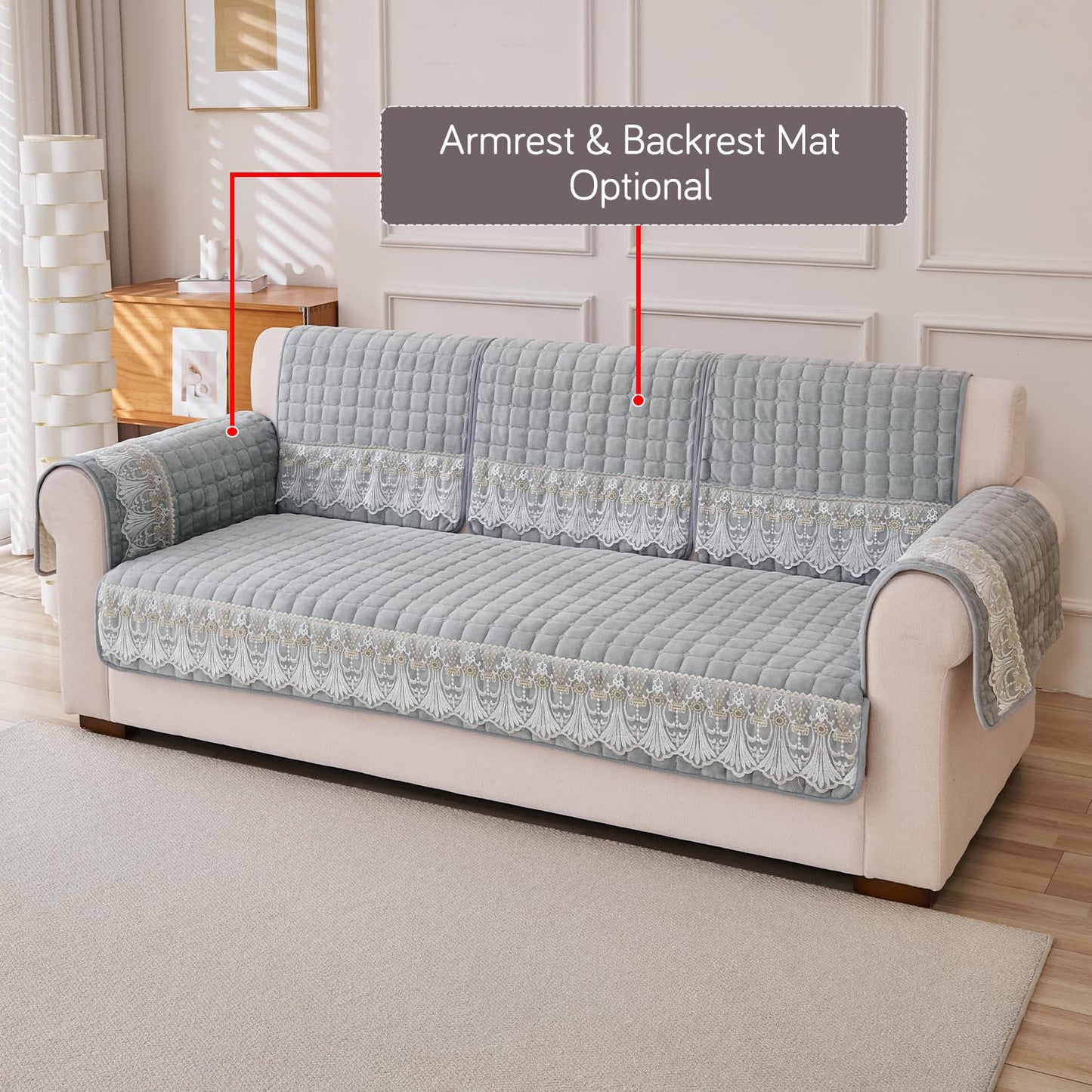 BelleLace Series Imperial Milk Velvet Sofa Cover Mat with Lace Design - Cloud Grey