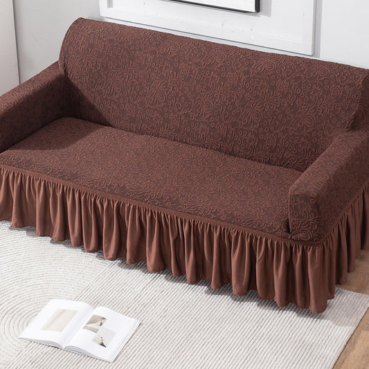 Elastic Stretchable Designer Woven Jacquard Sofa Cover with Frill , Pecan Brown