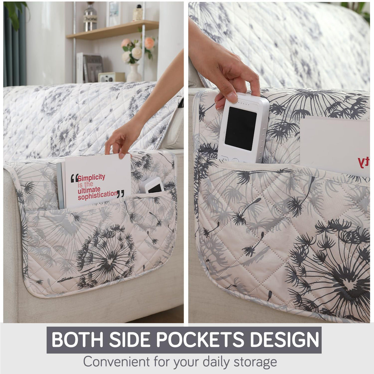 Dandelion Anchor Grey Quilted Waterproof Sofa Cover Set | Non Slip with Side Pockets