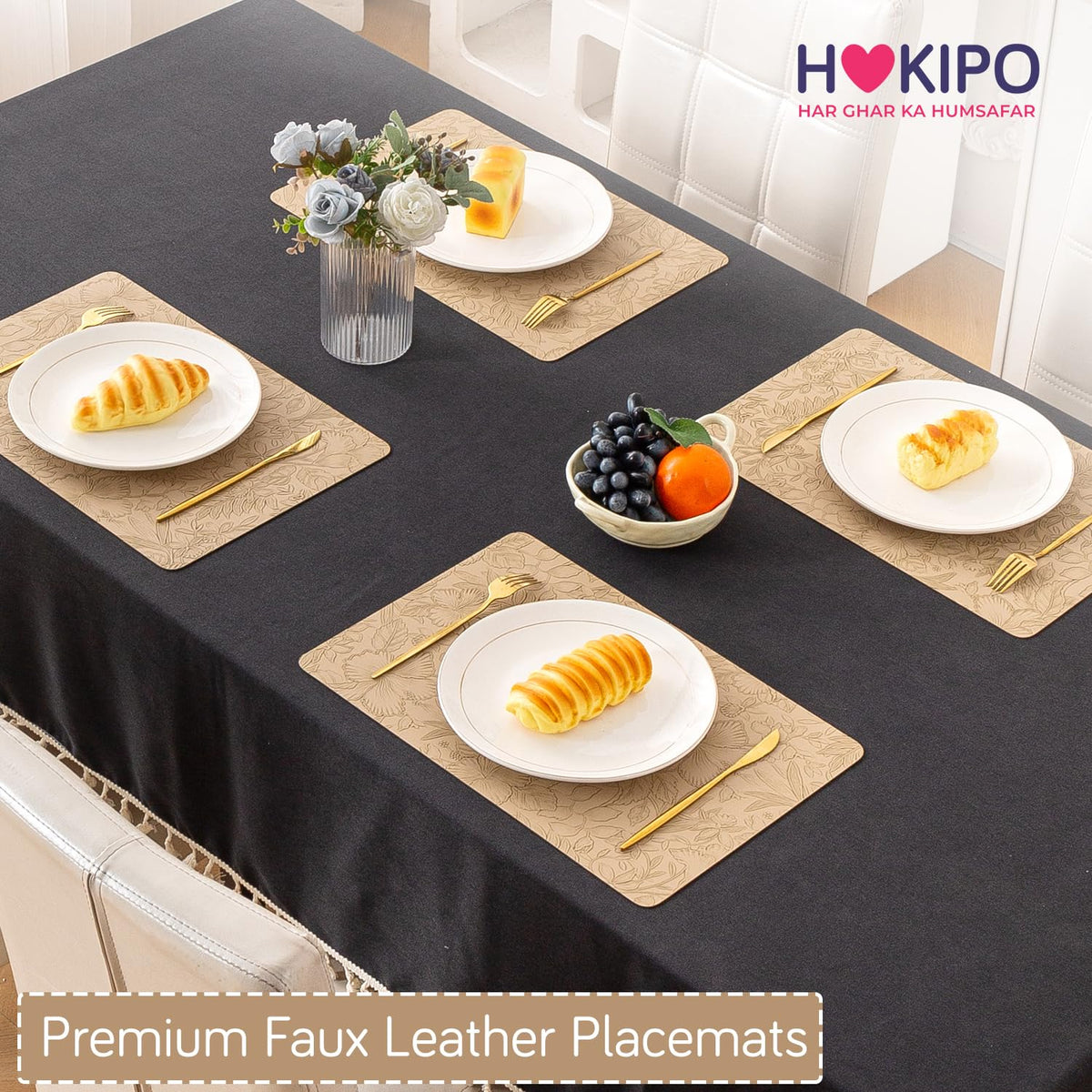 Hibiscus Bloom Washable Leather Mats for Dining Table - Sand Beige