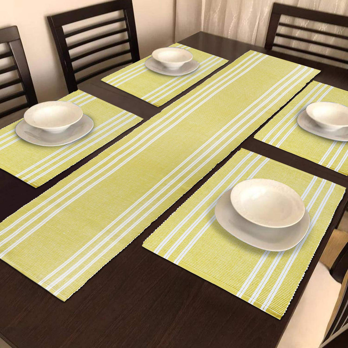 Ribbed Cotton Heat Resistant Dining Table Mat, Yellow Striped