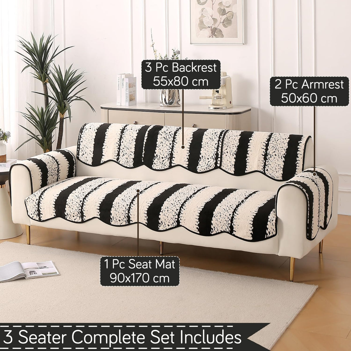 Luxury Sofa Cover Set | Seat, Back & Arm Covers | Anti-Slip Wavy Mat – Black
