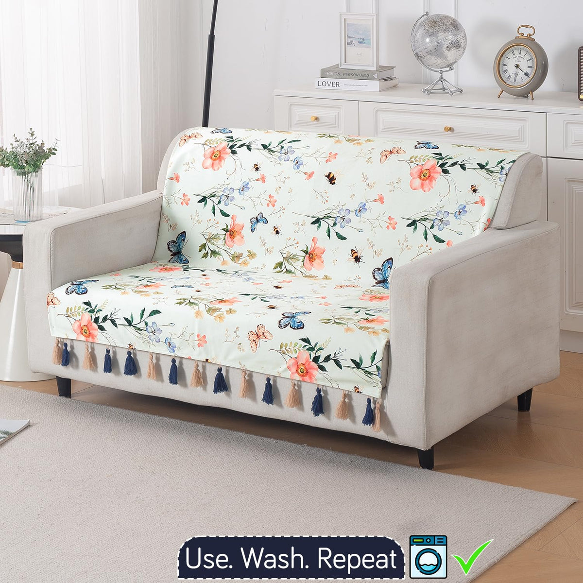 'Whispers of Nature' Series Holland Velvet Sofa Cover with Tassel, Pastel Butterfly Meadow