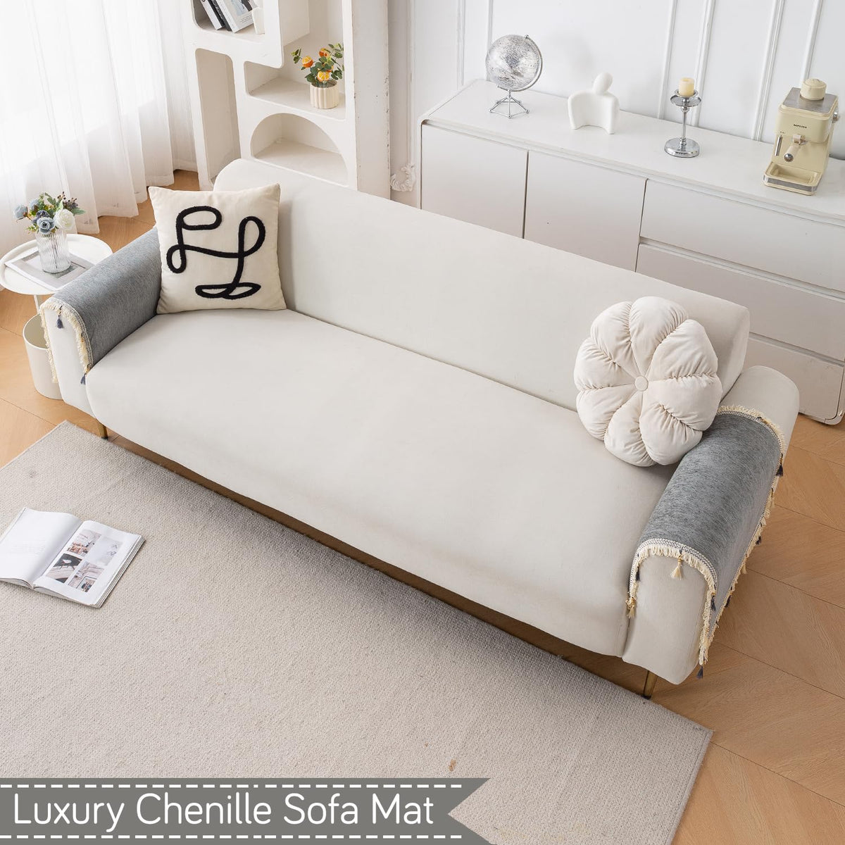 Serenity Tassel Chenille Sofa Cover with Tassel – Glacier Silver