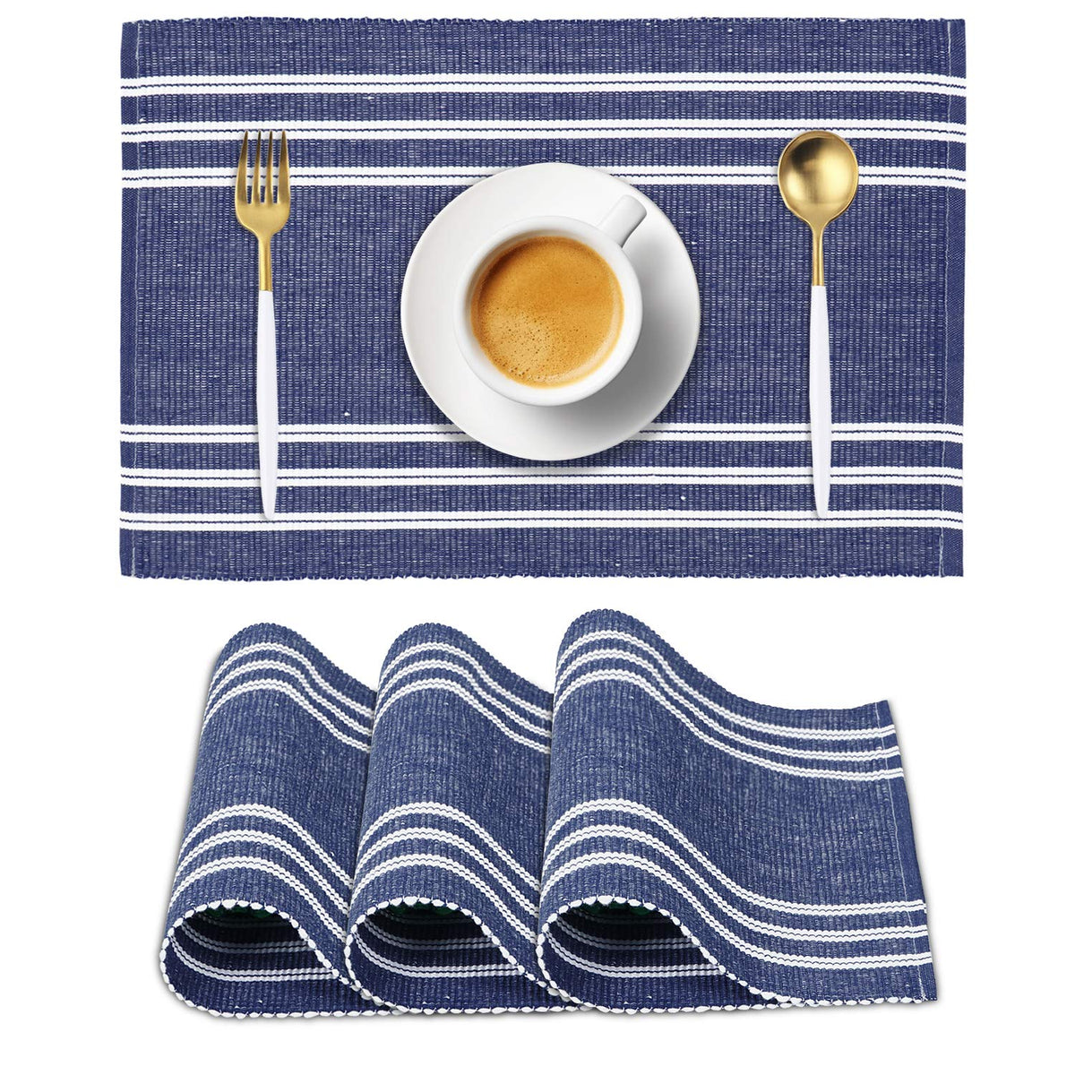 Ribbed Cotton Heat Resistant Dining Table Mat, Blue