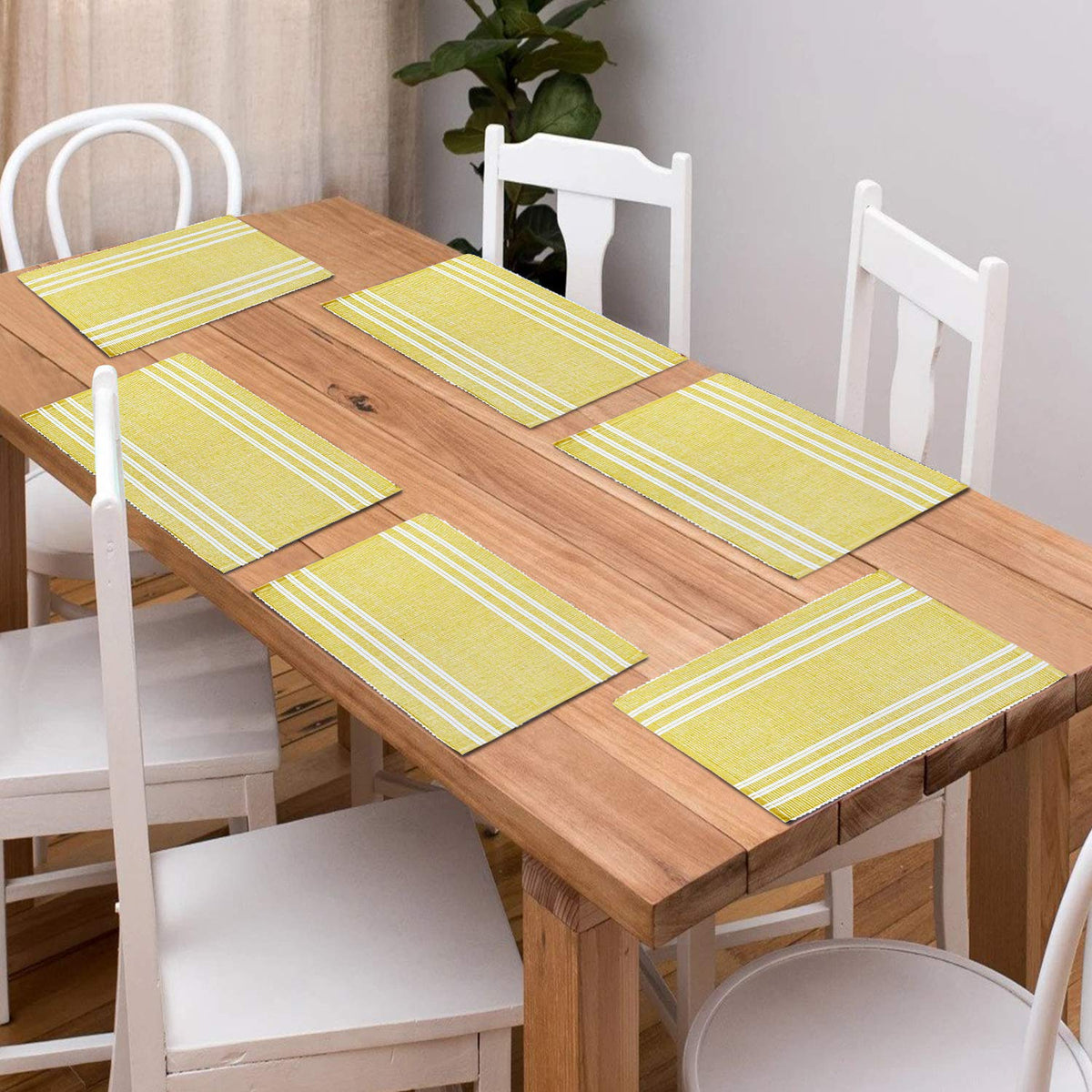 Ribbed Cotton Heat Resistant Dining Table Mat, Yellow Striped