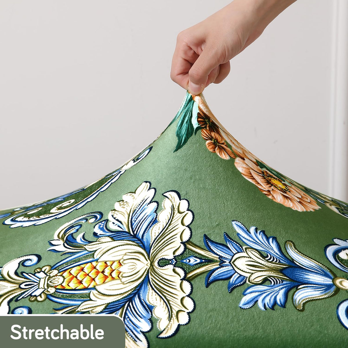 Premium Printed Velvet Elastic Dining Bench Cover, Green Victorian Garden
