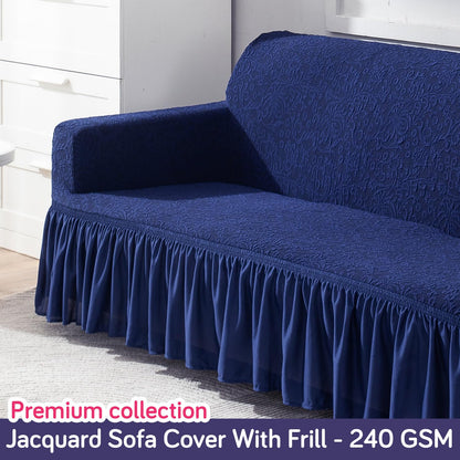 Elastic Stretchable Designer Woven Jacquard Sofa Cover with Frill, Navy Blue