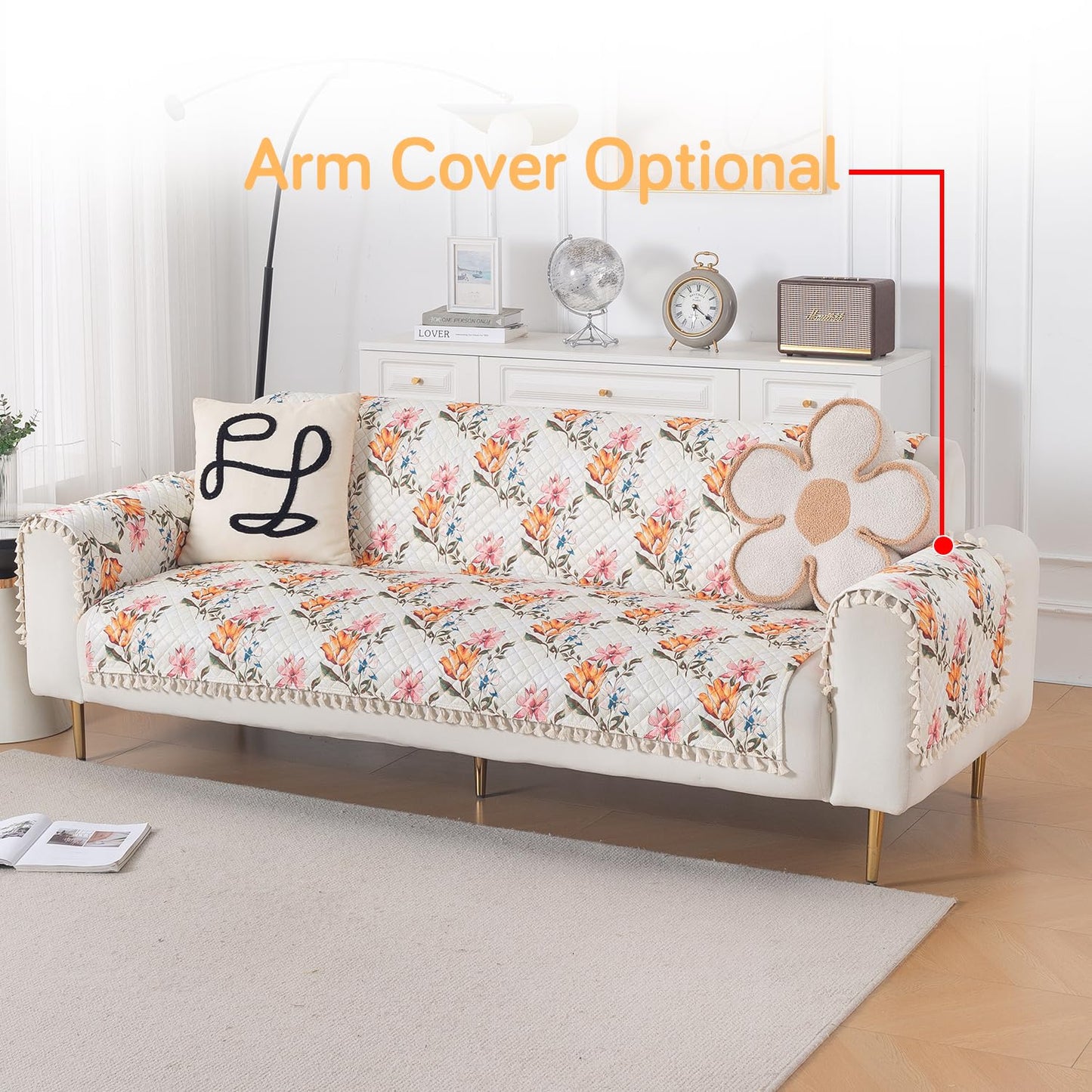Quilted Sofa Cover 5-Seater Sofa Cover (3+1+1), Tassel Twigs | Painterly Floral