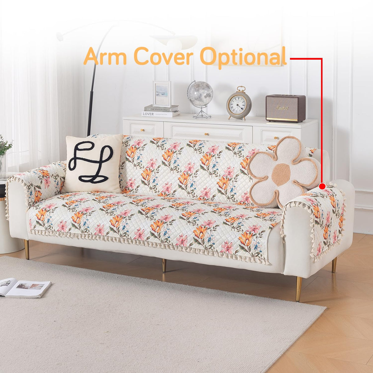 Quilted Sofa Cover 5-Seater Sofa Cover (3+1+1), Tassel Twigs | Painterly Floral