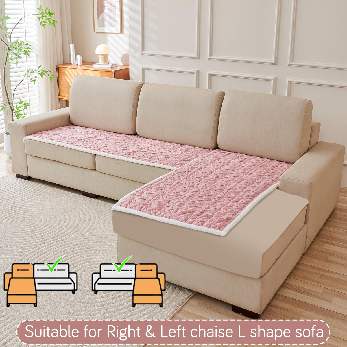 Italian Caelora Luxury Jacquard Plush L Shape Sofa Cover Seat Mat - Misty Rose