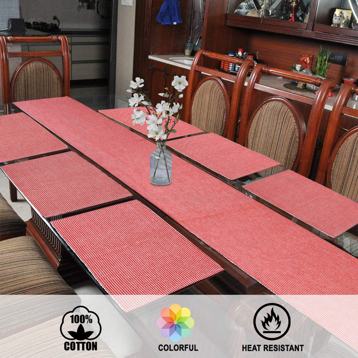 Ribbed Cotton Heat Resistant Dining Table Mat, Red