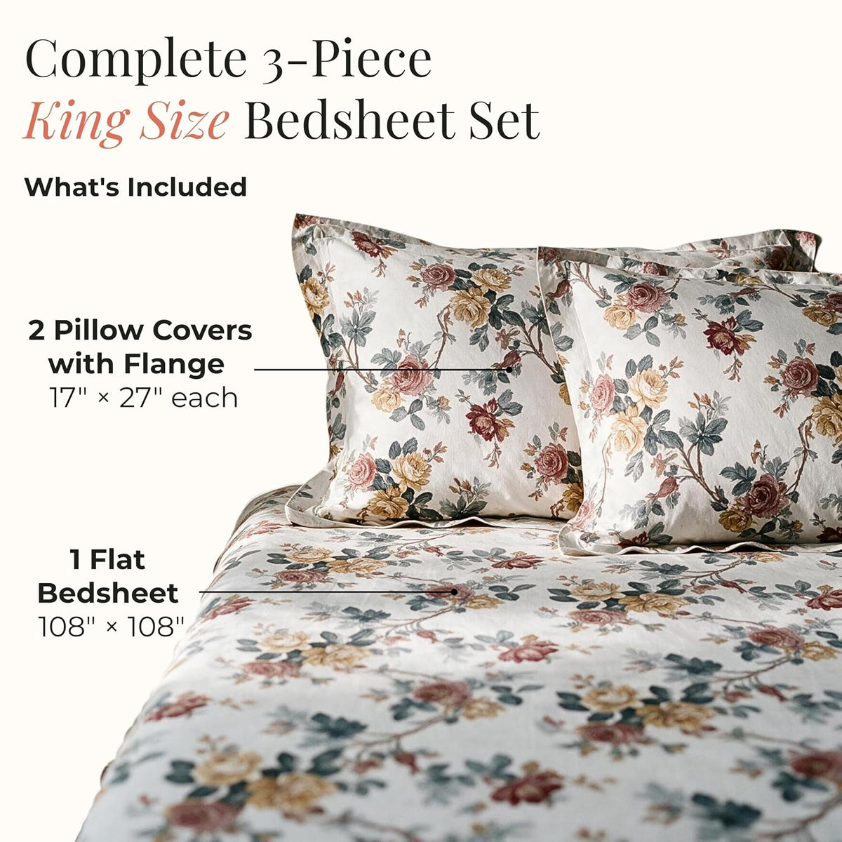 HOKIPO Floral 180 TC Cotton Twill Flat Bedsheet in King Size, Blue & Red - image 5