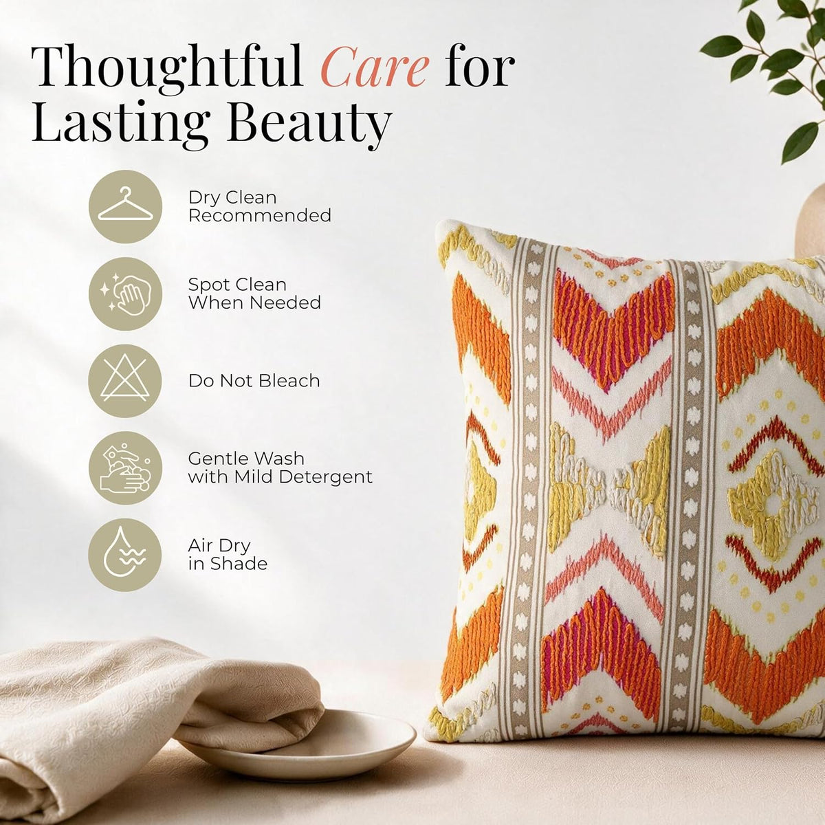HOKIPO Printed Cushion Cover with Embroidery, Boho Chevron Jasper Orange, 16 x 16 in - image 6