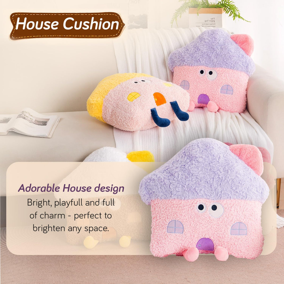 HOKIPO Mushroom House Shaped Cushion for Kids Room & Nursery, 46 cm, Pink