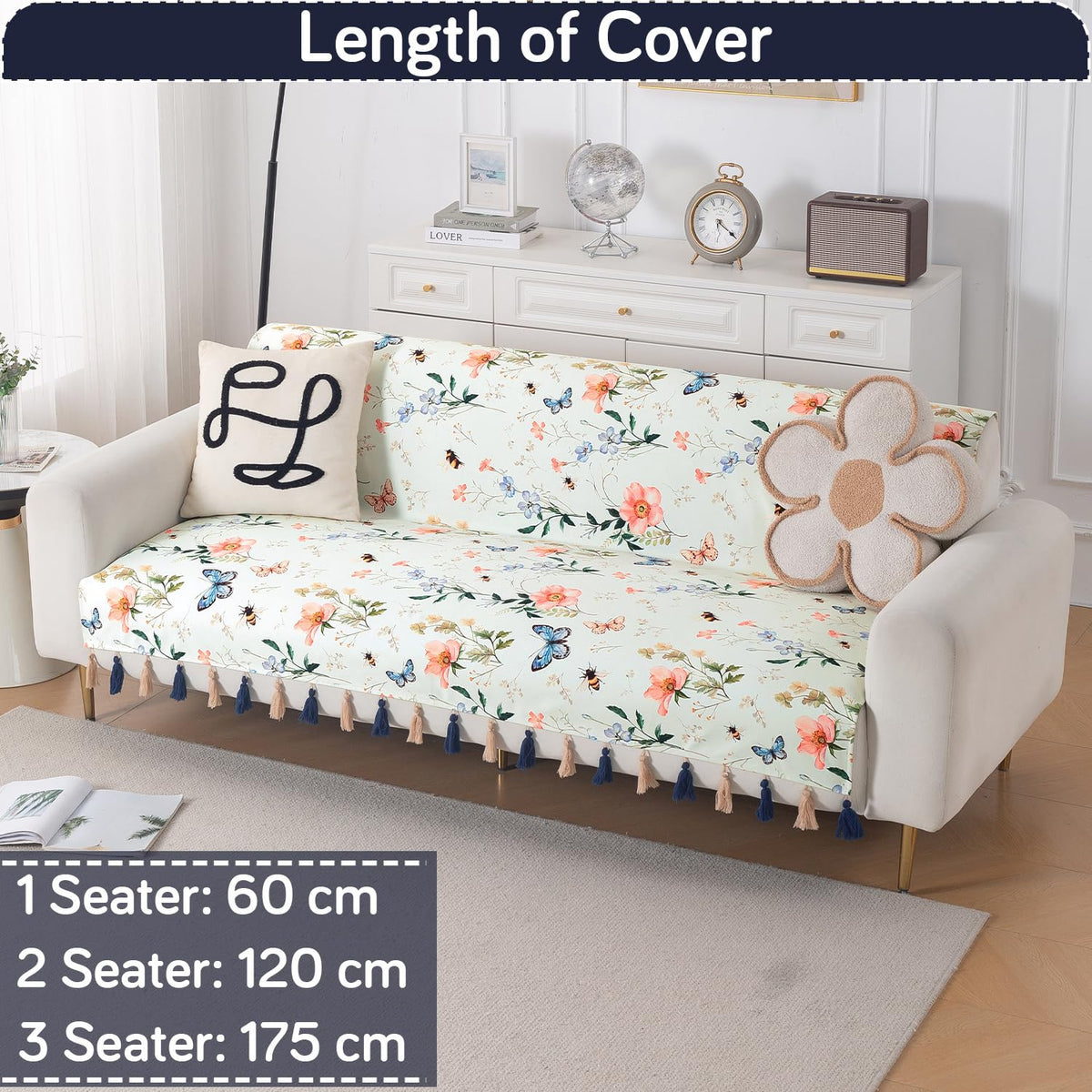 'Whispers of Nature' Series Holland Velvet Sofa Cover with Tassel, Pastel Butterfly Meadow