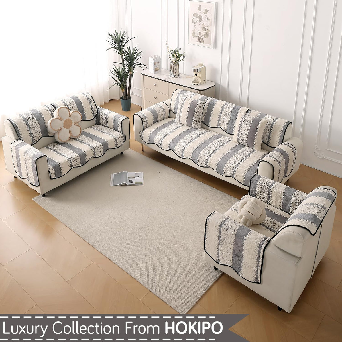 Luxury Wavy Plush Anti-Slip Sofa Cover Mats - Pewter Grey