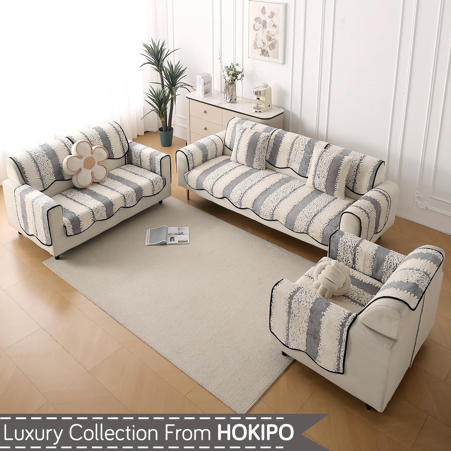 Luxury Wavy Anti Slip Plush Sofa Cover Mat, Pewter Grey