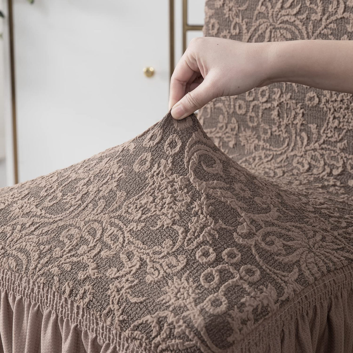 Elastic Stretchable Designer Woven Jacquard Dining Chair Cover with Frill, Light Taupe