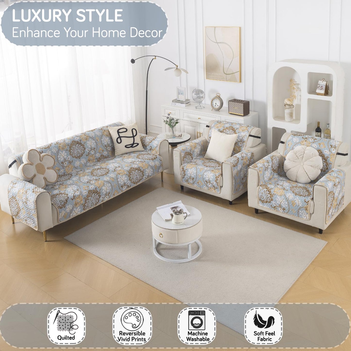 Easy Drape Reversible Quilted 5-Seater Sofa Cover (3+1+1), Cool Breeze Floral