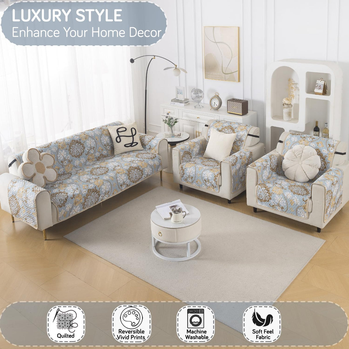 Easy Drape Reversible Quilted 5-Seater Sofa Cover (3+1+1), Cool Breeze Floral