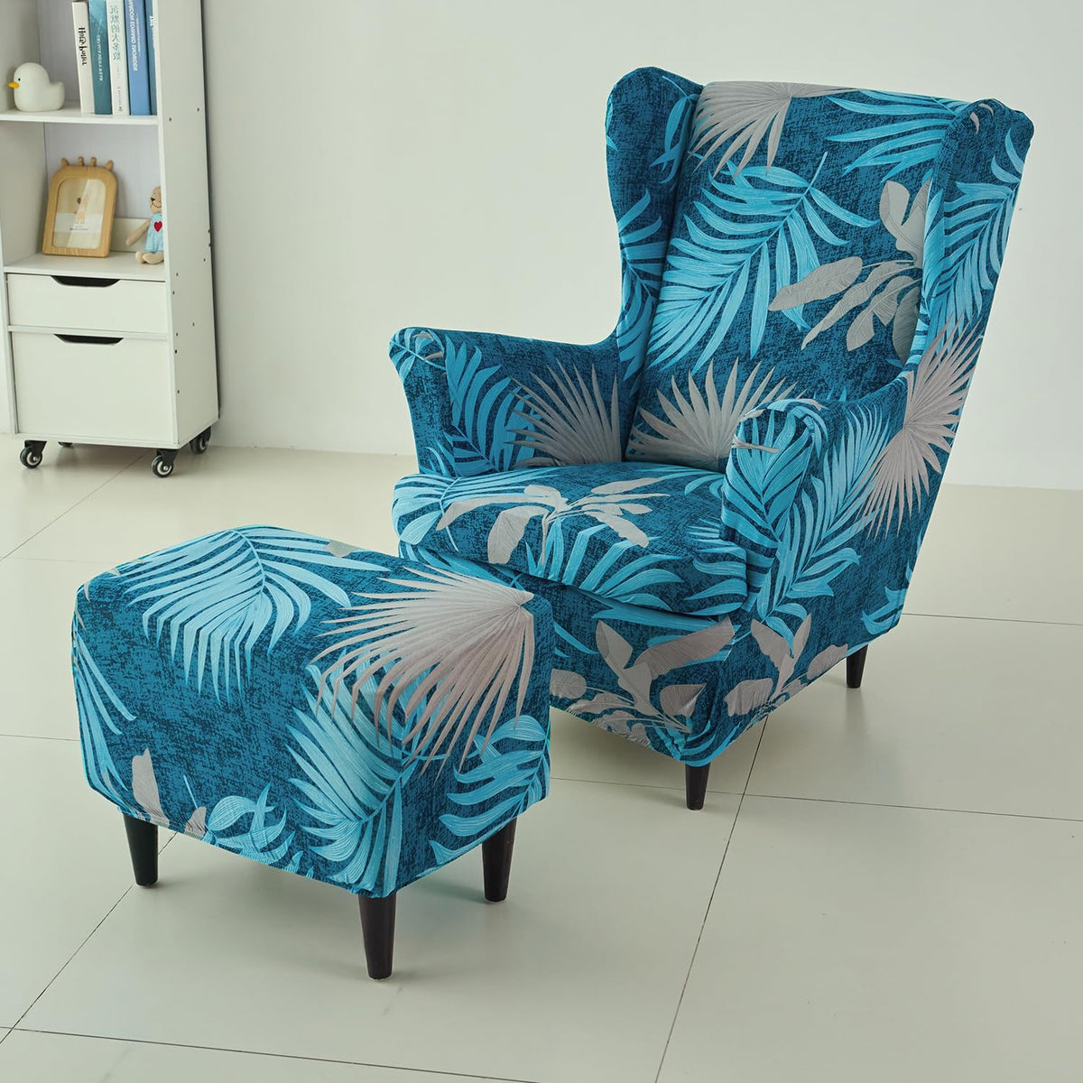 Buy Sea Blue Tropical Leaves Stretchable Wingback Chair & Footstool Cover