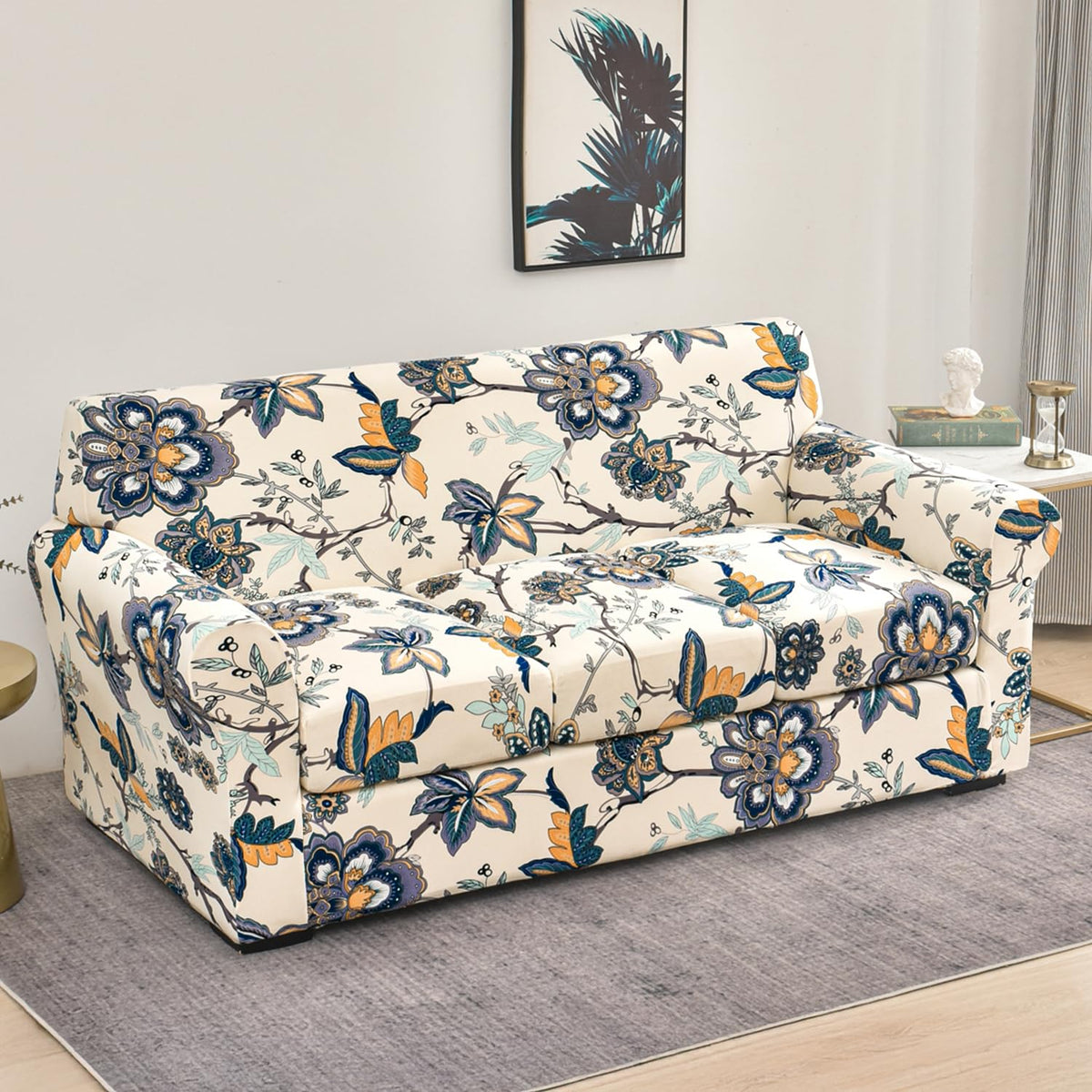Printed Stretchable Sofa Slipcover with 1/2/3 Pc Separate Seat Cushion Cover for each 1/2/3 Seater, Cream Majestic Flora
