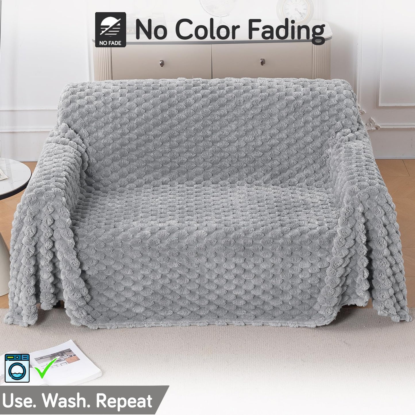 Luxury Rabbit Wool Plush Sofa Throw, Moon Grey