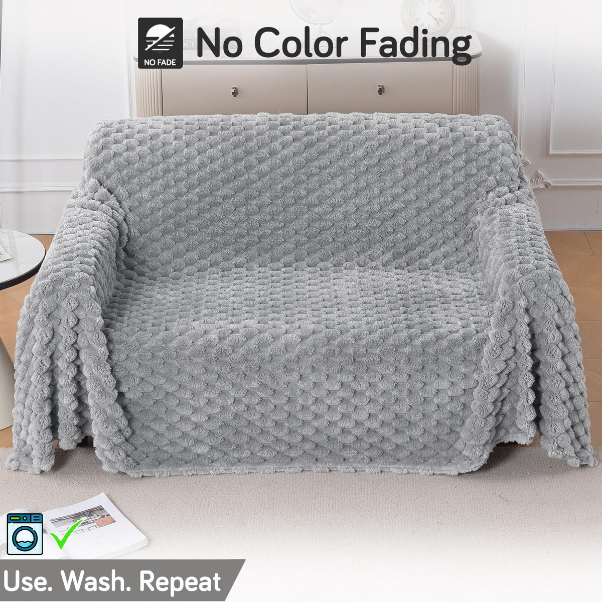 Luxury Rabbit Wool Plush Sofa Throw, Moon Grey