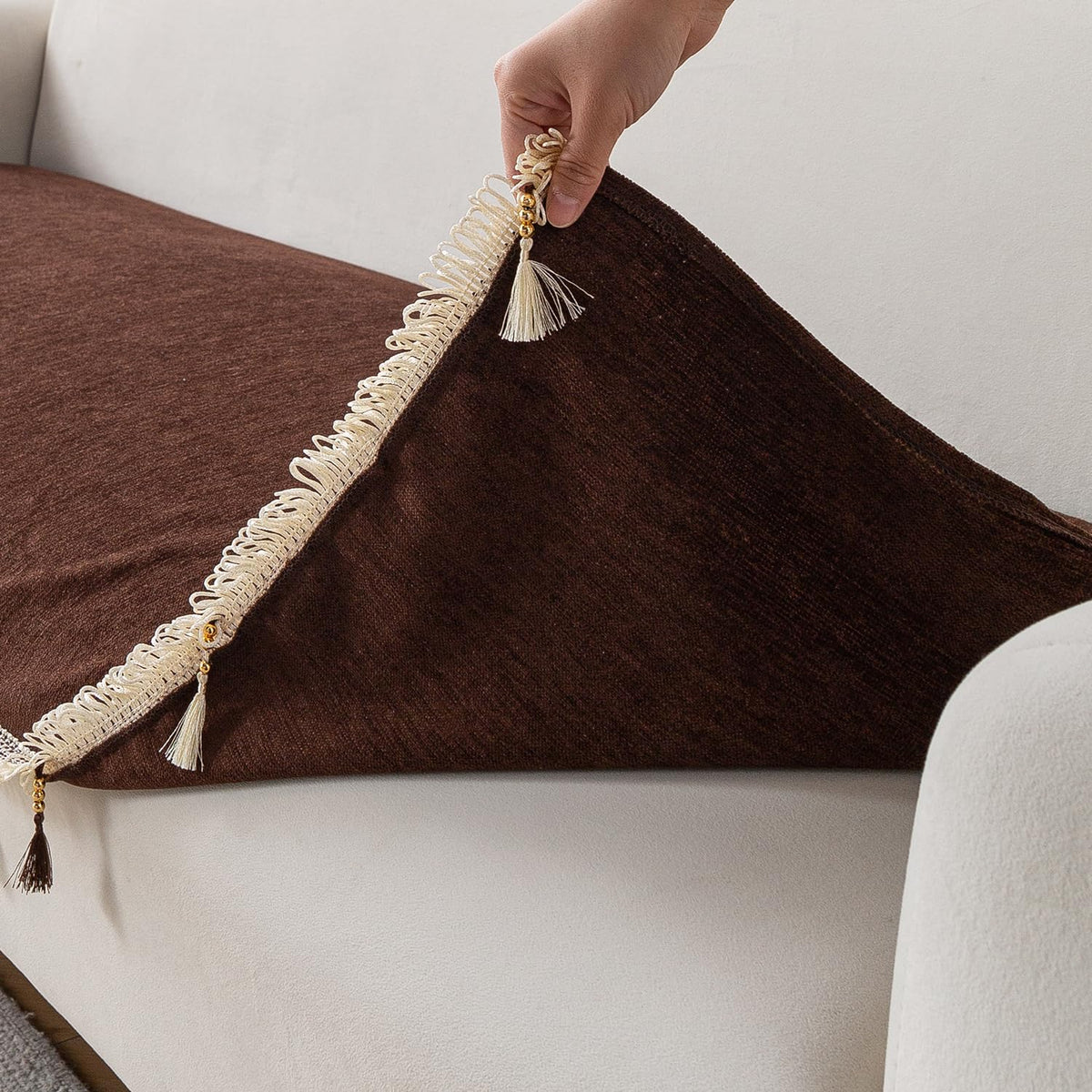 Serenity Tassel Chenille Sofa Cover with Tassel – Chestnut Luxe
