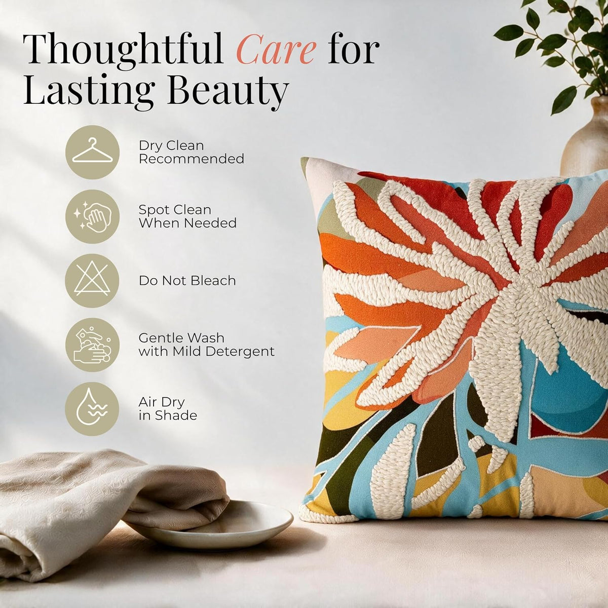 HOKIPO Printed Cushion Cover with Embroidery, Floral Strip Ivory, 16 x 16 in (Cord & Satin Embroidery) - image 6