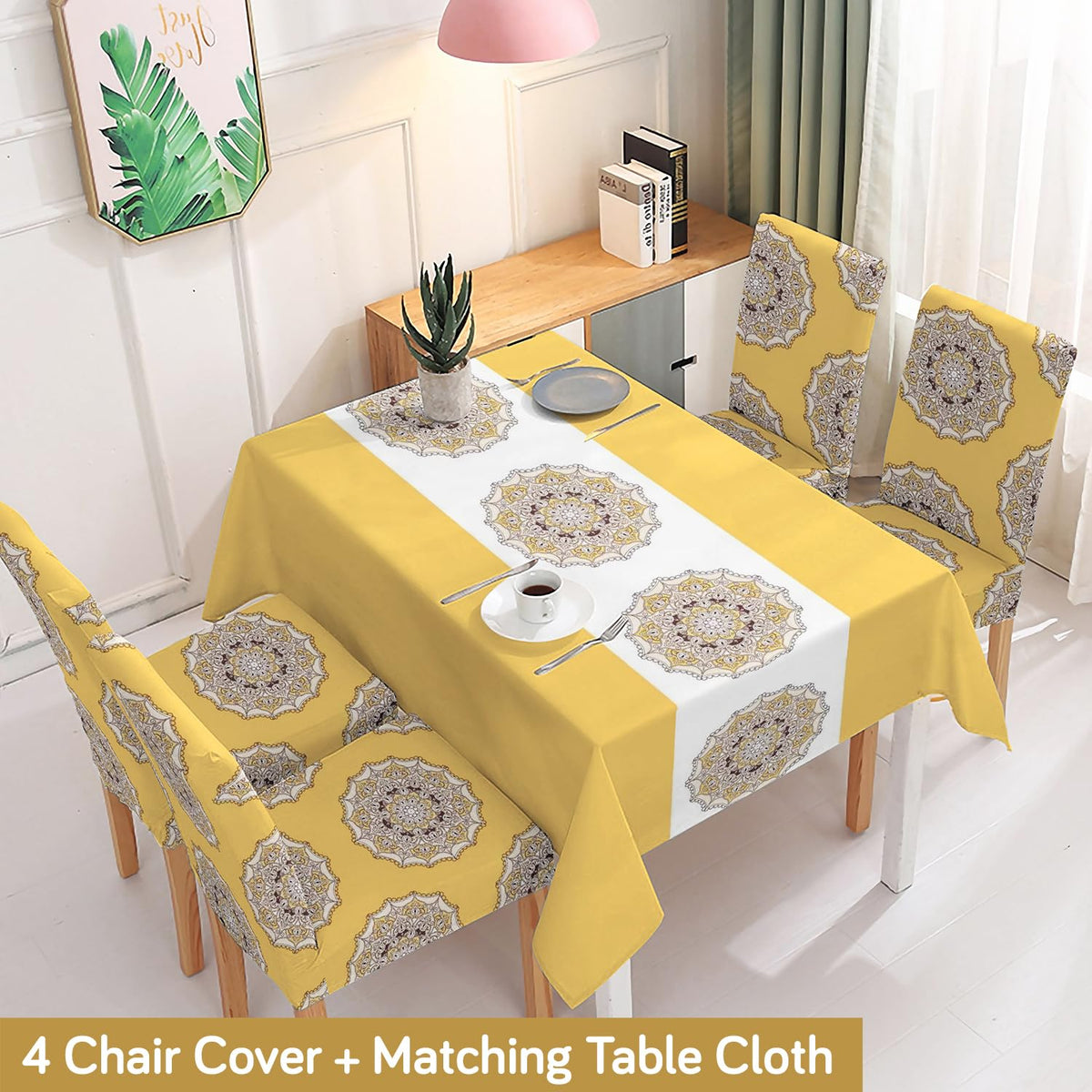 Yellow Printed Dining Table Cover with Chair Covers | 4/6 Seater