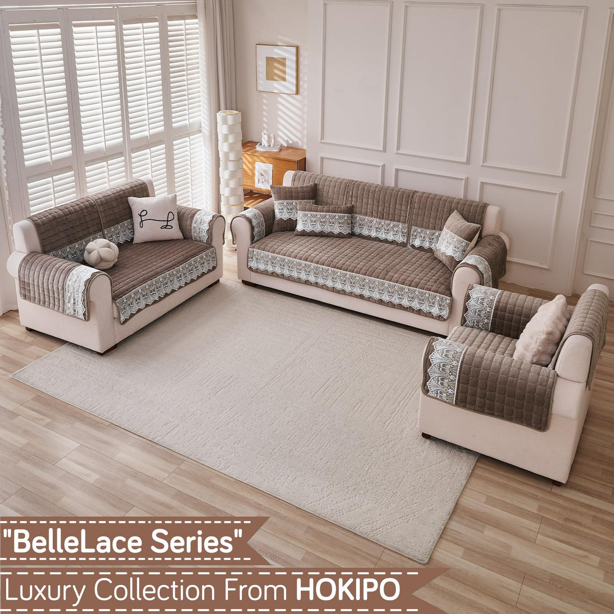BelleLace Series Premium Imperial Milk Velvet Sofa Cover Mat with Lace Design -  Mocha Brown