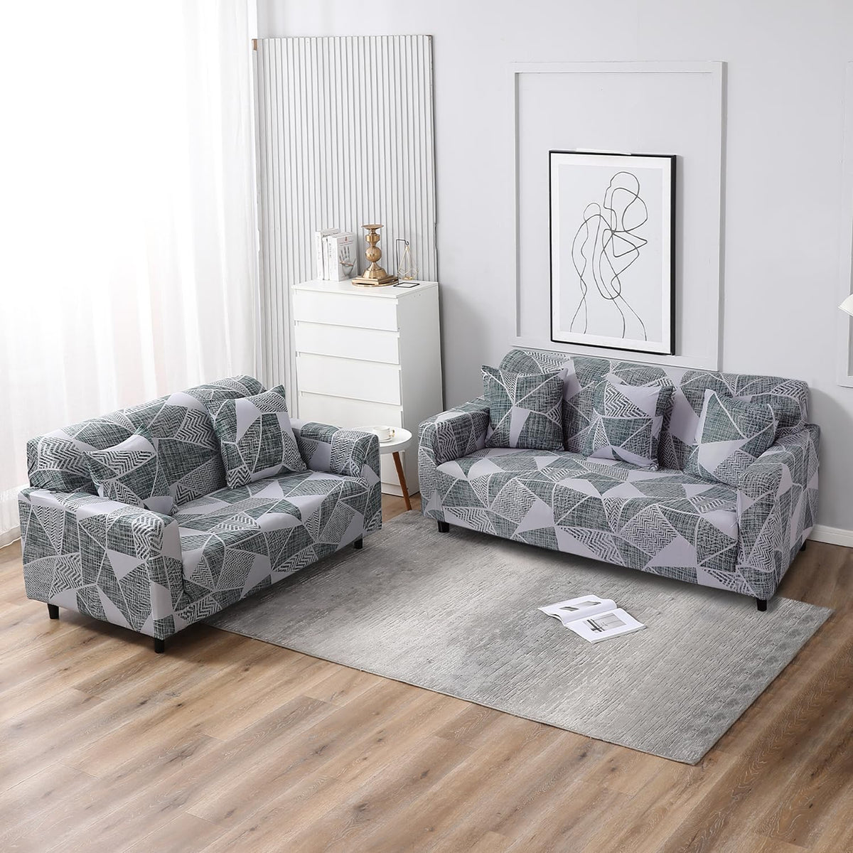 Elastic Stretchable Printed Sofa Cover, Grey Geometric Abstract