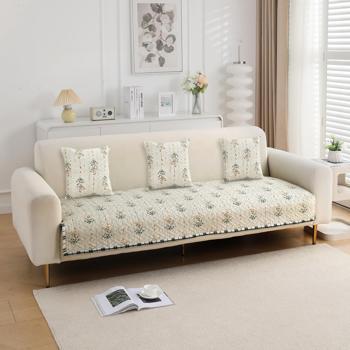 Quilted Printed Sofa Cover with Pockets, Light Green Ash Gypsy Floral