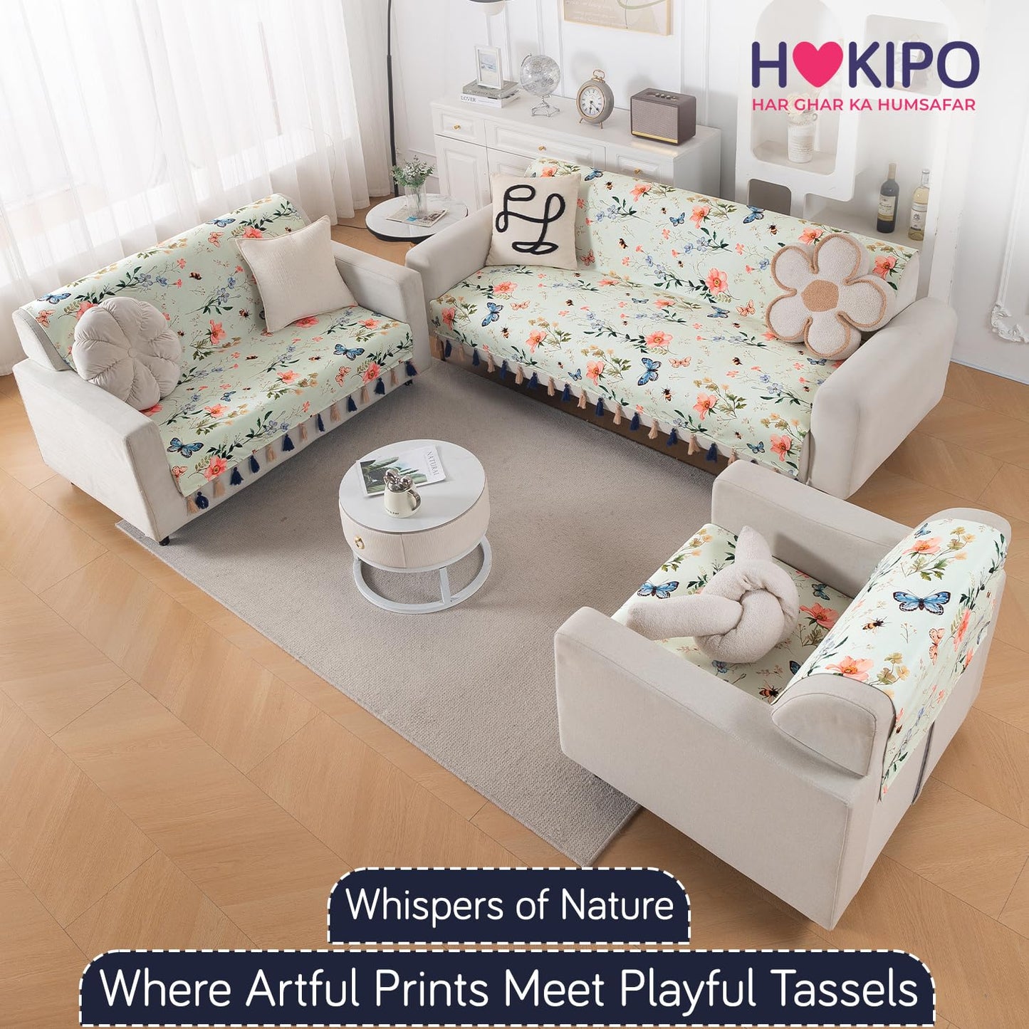 'Whispers of Nature' Series Holland Velvet Sofa Cover with Tassel, Pastel Butterfly Meadow
