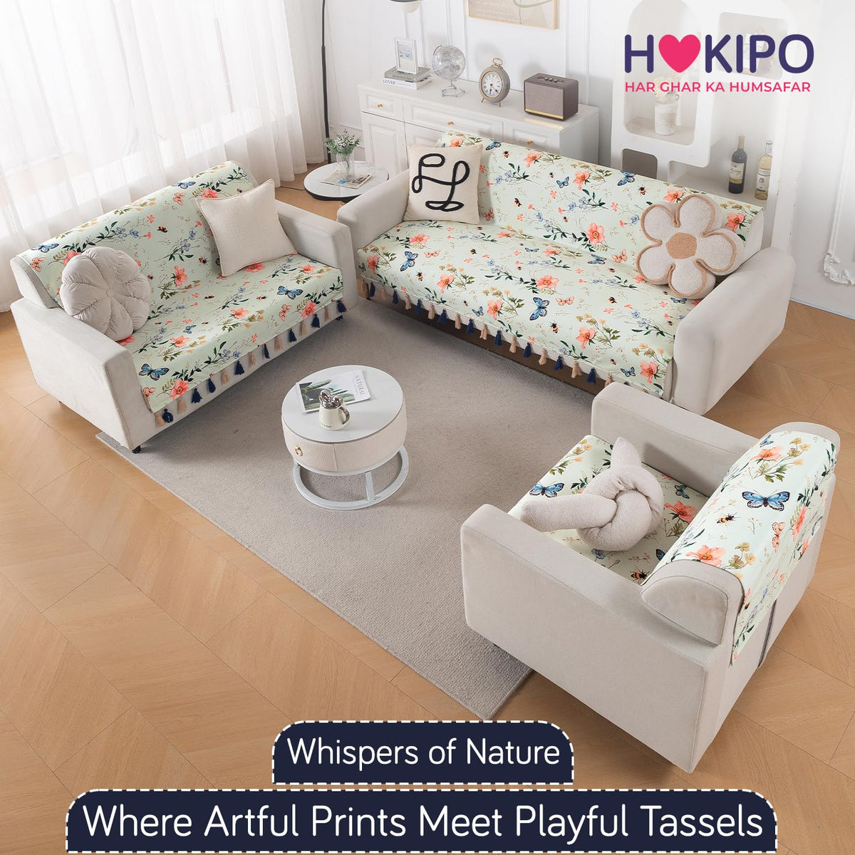 'Whispers of Nature' Series Holland Velvet Sofa Cover with Tassel, Pastel Butterfly Meadow