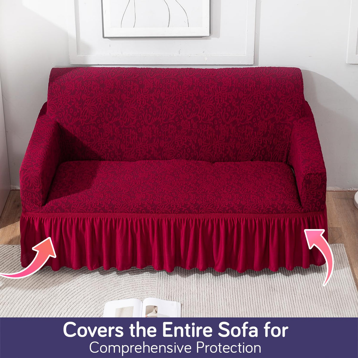 Elastic Stretchable Designer Woven Jacquard Sofa Cover with Frill, Wine Red