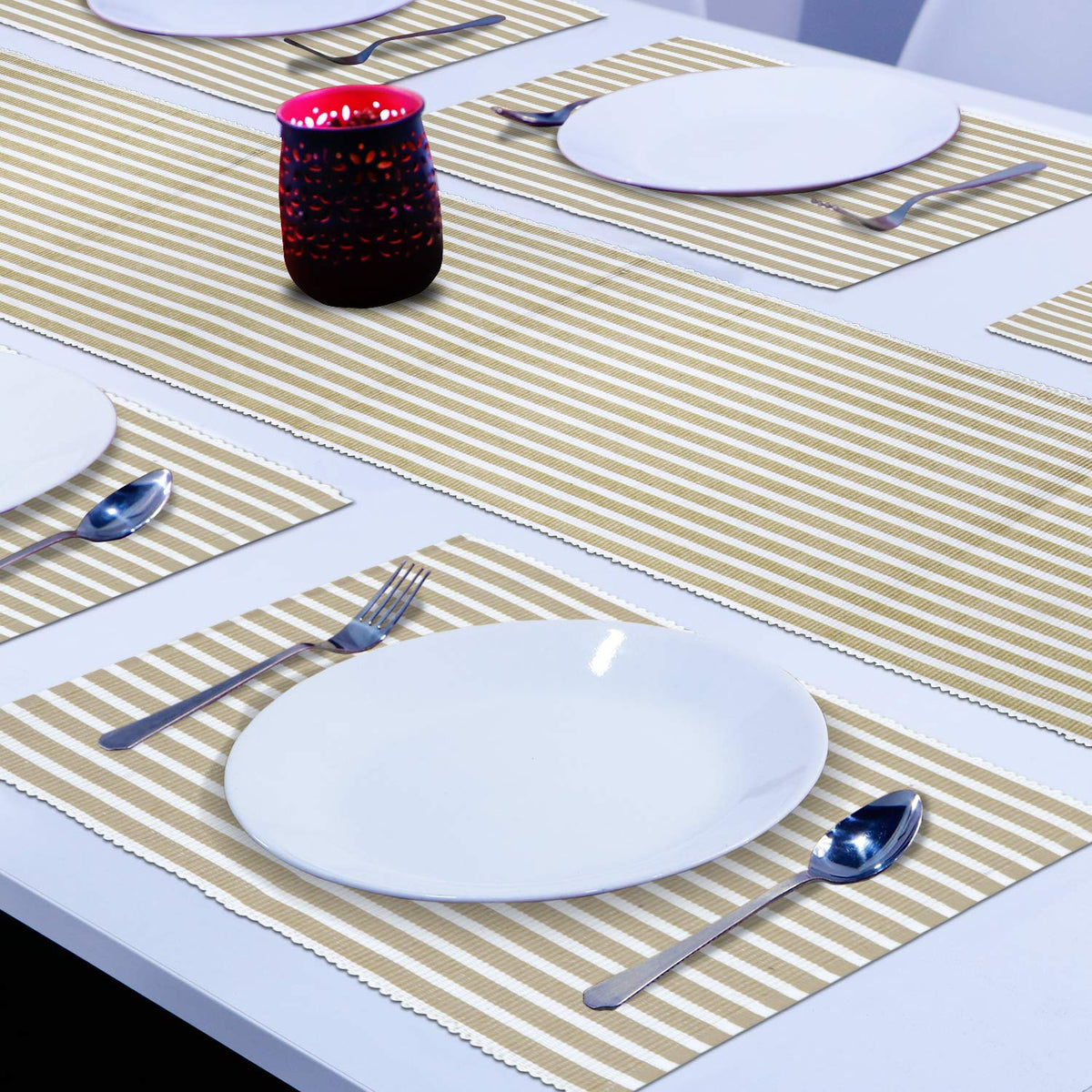 Ribbed Cotton Heat Resistant Dining Table Mat, Brown Striped