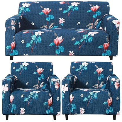 Elastic Stretchable Printed Sofa Cover and Cushion Cover, Blue Mixed Flowers