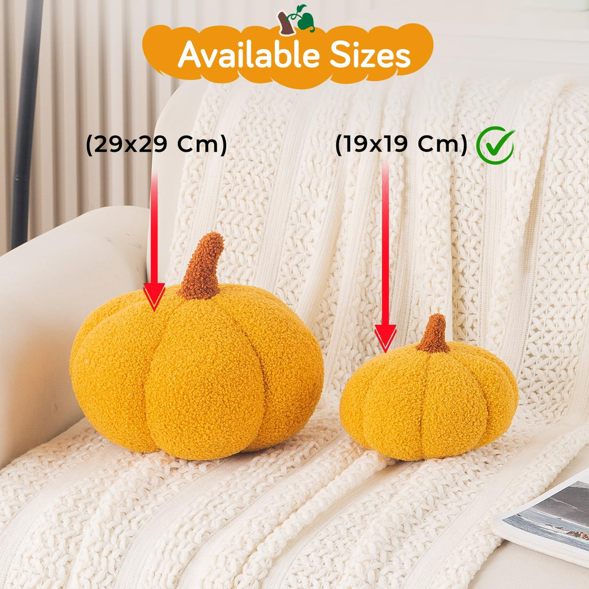 HOKIPO Pumpkin Shaped Plush Cushion for Autumn Decor, 19 cm, Yellow