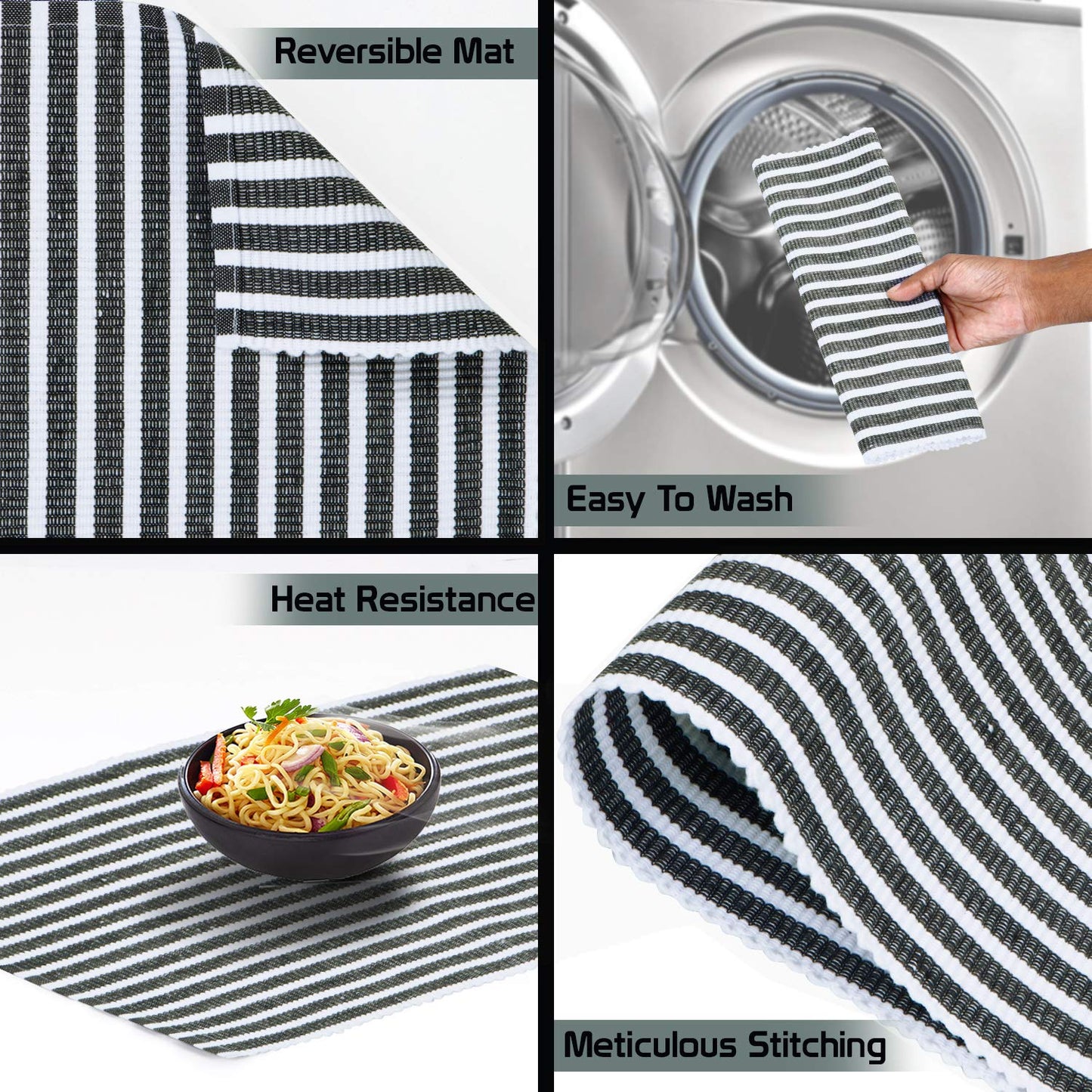 Ribbed Cotton Heat Resistant Dining Table Mat, Grey Striped