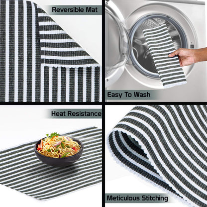 Ribbed Cotton Heat Resistant Dining Table Mat, Grey Striped