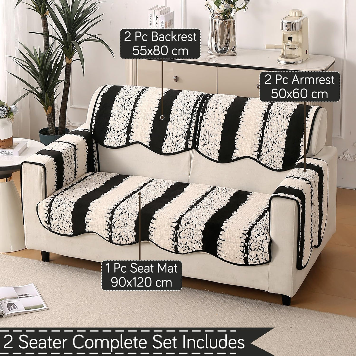 Luxury Sofa Cover Set | Seat, Back & Arm Covers | Anti-Slip Wavy Mat – Black